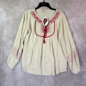Magazine Peasant Top Women Medium Taupe Red Embroidered Boho Cotton Gauze Hippie